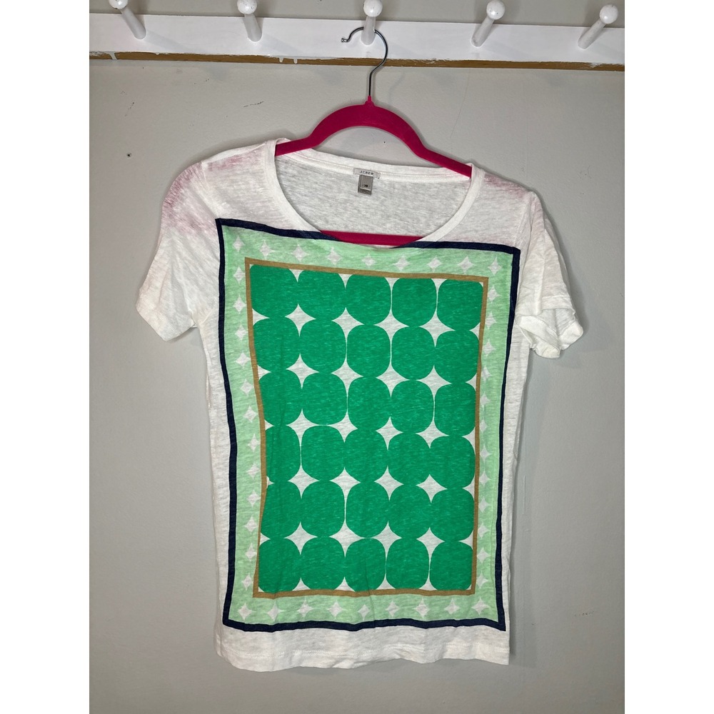 J.Crew Linen Graphic T-Shirt White Green Geometric Womens XS